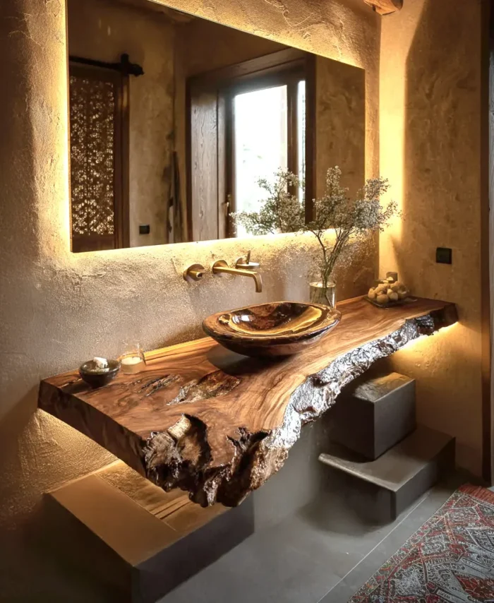 Rustic Farmhouse Wall Mounted Bathroom Shelf Natural Edge Timber